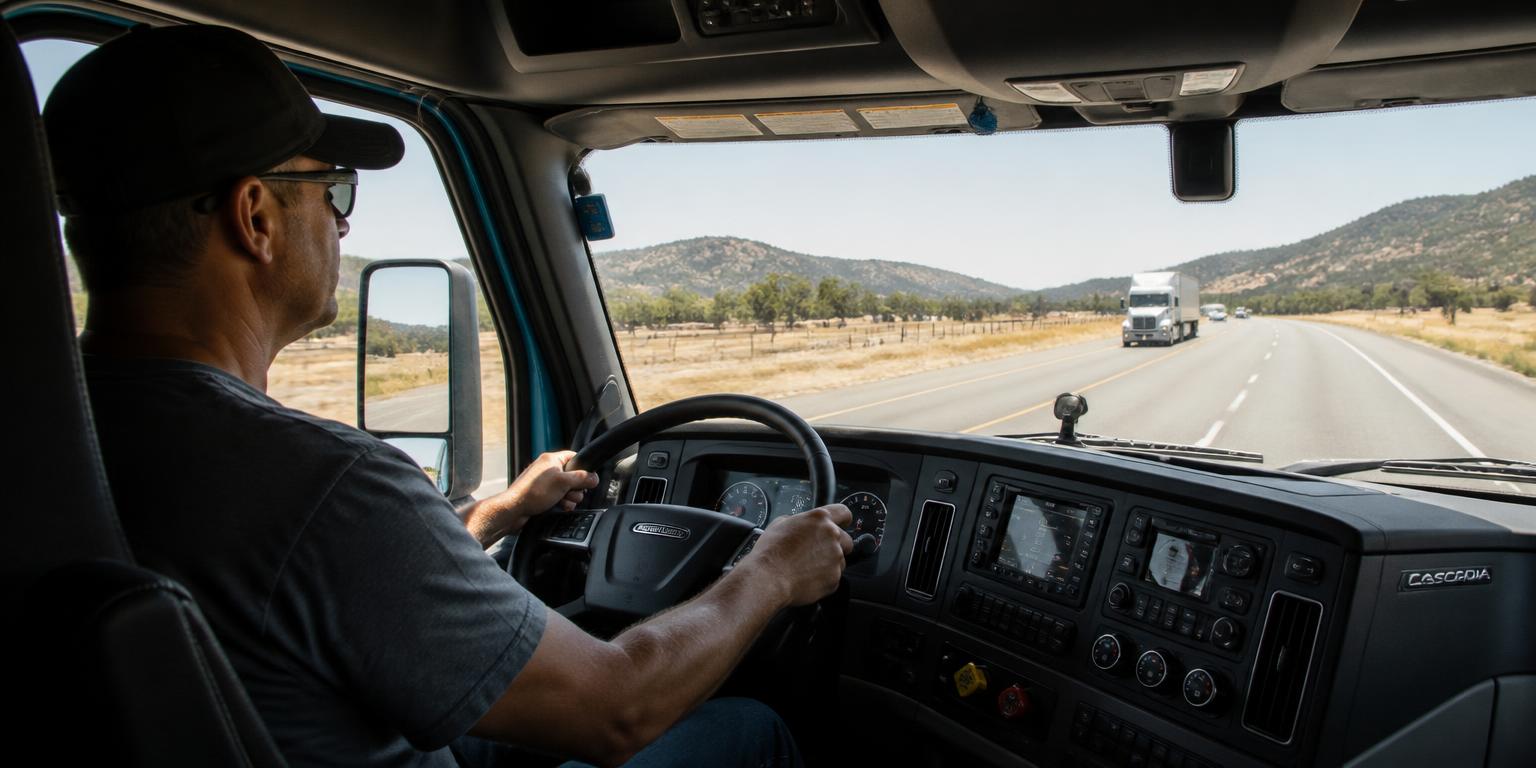Driver at the wheel of a modern Freightliner Cascadia cab